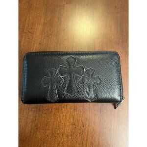 Chrome Hearts Triple Patch Black Leather Wallet Black W/ Silver Hardware ZIP